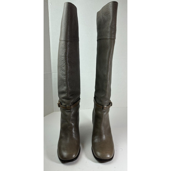 Tory Burch Pebbled Leather Back Zip Tall Block Heeled Buckle Boots Gray Size 6 M - Picture 2 of 15